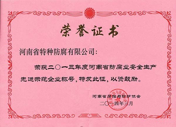 2013年度河南省安全生产先进示范企业称号